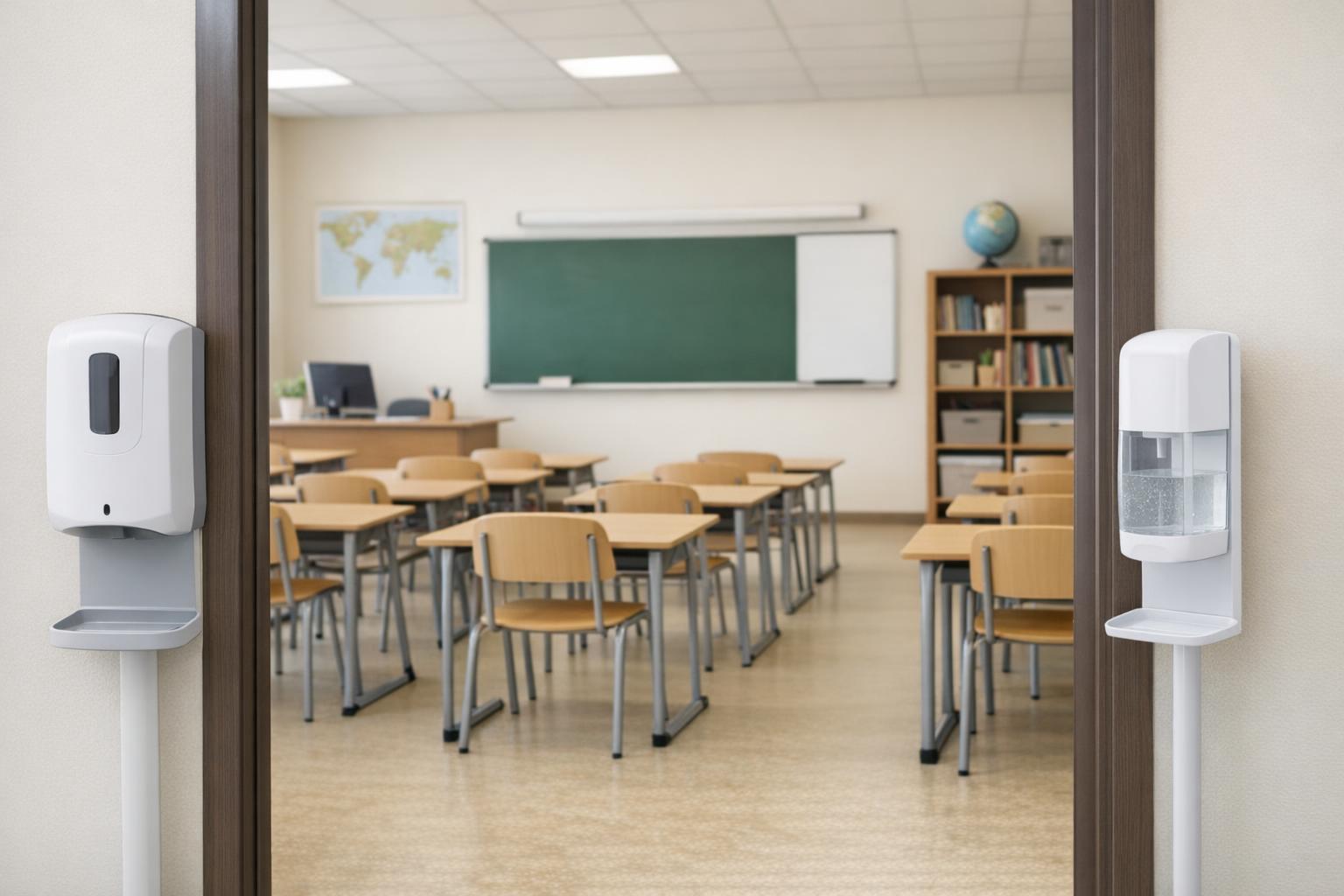 Zdjęcie sali szkolnej z dozownikami do dezynfekcji przy wejściu